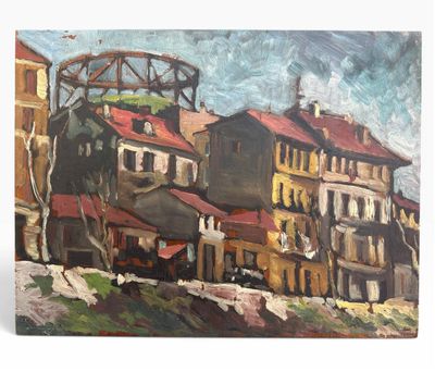 une peinture à l'huile représentant une vue de ville avec des bâtiments et un pont