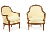 paire de fauteuils de style Louis XVI en noyer et rembourrés, rembourrés, rembourrés, rembourrés, rembourrés, rembourrés
