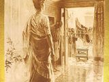 an old picture of a woman standing in front of a mirror