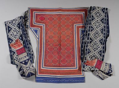 une image représentant un tissu bleu, rouge et blanc orné d'un motif