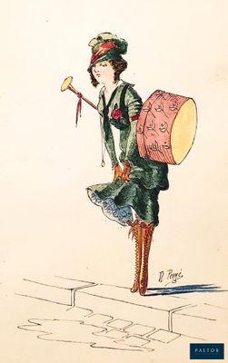 a drawing of a woman in a green dress and hat with a bag on her back