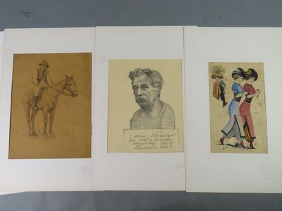 three drawings of a man and a woman on a horse