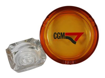 a glass ashtray with a logo on it and a glass ashtray with a logo on it