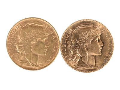 Deux pièces de vingt francs or au coq, 1907 et 1911. Usures. - Photo 1