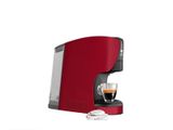 a close up of a red coffee maker with a cup of coffee