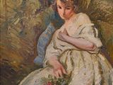 tableau représentant une femme en robe blanche tenant un bouquet de fleurs