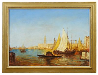 une peinture à l'huile représentant des bateaux dans un port, avec une ville en arrière-plan