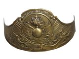 brass belt buckle with a thistle and leaves design on it