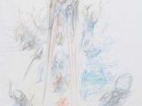 pencil drawing of a woman in a blue dress with birds around her