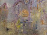 an image of a painting of a city with a train coming down the tracks