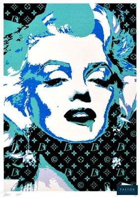 un tableau représentant Marilyn Monroe en bleu et blanc, parsemé d'étoiles