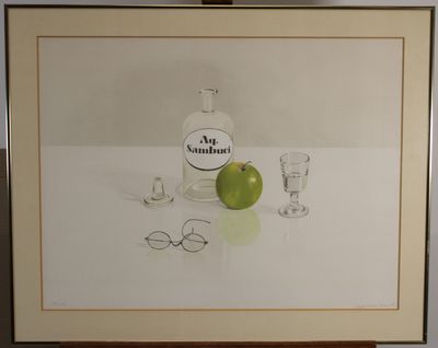 painting of an apple and glasses with a bottle of wine
