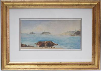 an image of a painting of a beach scene with rocks in the water