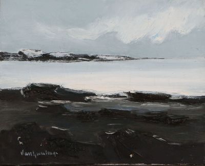 painting of a black and white beach scene with a boat in the water