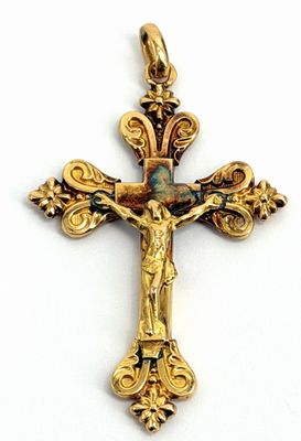 une image représentant une croix en or sur laquelle figure Jésus