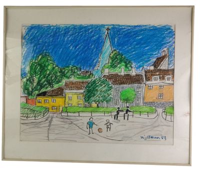 drawing of a street scene with a church steeple in the background
