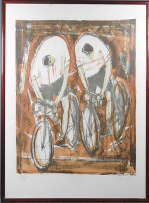 une photo d'un tableau représentant deux personnes à vélo