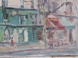 a painting of a woman walking down the street