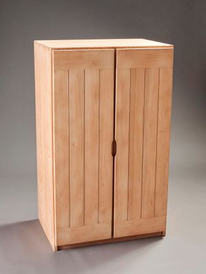 a wooden cabinet with two doors and a drawer