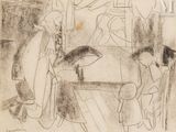 un dessin en noir et blanc représentant un homme et un enfant