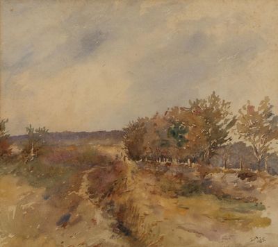 l'image d'une peinture représentant un chemin de terre avec des arbres en arrière-plan