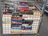 a shopping cart full of books in a store