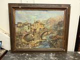 une peinture à l'huile représentant un pont sur une rivière avec des bâtiments à l'arrière-plan