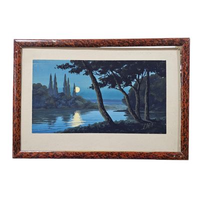 framed oil painting of a lake with a castle in the distance