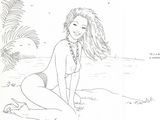 dessin représentant une femme en bikini assise sur la plage