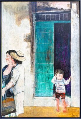 a painting of a man and a child standing outside of a building