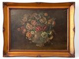 painting of a vase of flowers on a table in front of a white wall
