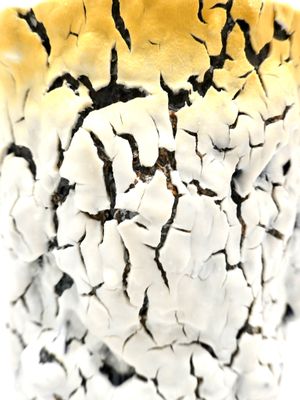 un gros plan d'un vase craquelé posé sur une surface blanche