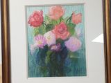 une image d'un tableau de fleurs dans un vase sur une table