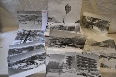 several black and white photographs of a hot air balloon in the sky