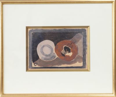 painting of a guitar and a hat in a gold frame