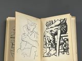 an open book with a drawing of a man sitting on a chair