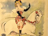 poster of a woman riding a white horse with a hat and gloves