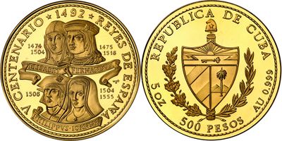 a gold coin with the image of a woman and a man on it