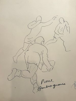drawing of two men playing a game of frisbee on a white board