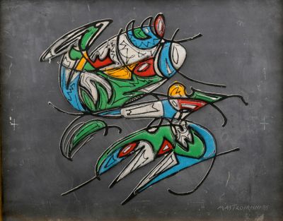 painting of a group of birds on a blackboard with a wooden frame
