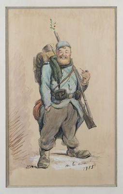 tableau représentant un homme avec un sac à dos et un fusil