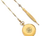 an image of a gold pocket watch with a chain and a tassel