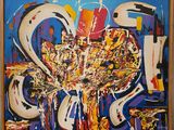 peinture abstraite représentant un vase de fleurs, encadrée dans un cadre en bois et accrochée au mur