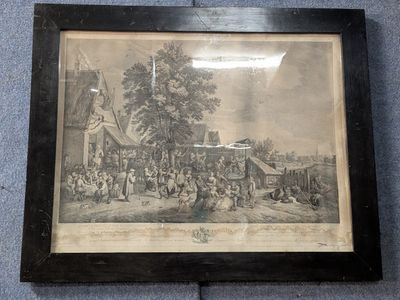an old picture of a group of people standing around a building