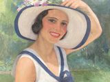 tableau représentant une femme portant un chapeau orné de fleurs
