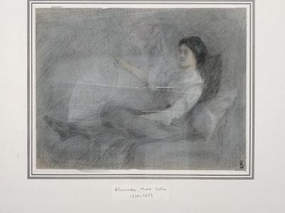 dessin représentant une femme en robe blanche assise sur un lit