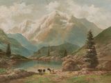 un tableau représentant un paysage de montagne avec des vaches au bord d'un lac