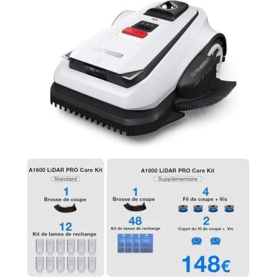 a white and black robotic lawn mower with instructions on it