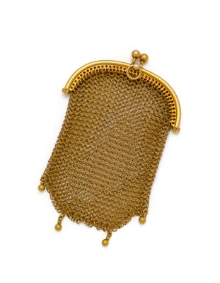 a gold mesh purse with a chain handle