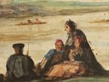 a painting of a woman sitting on the ground with a group of people